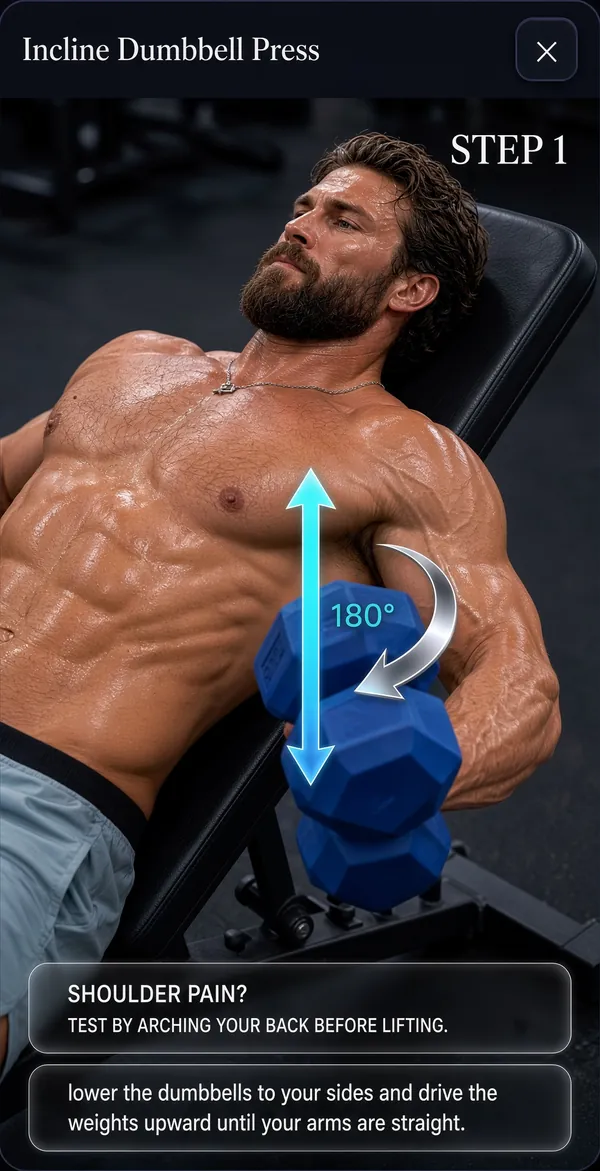 In-app demo of the Incline Dumbbell Press with form tips