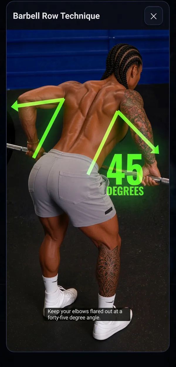 In-app demo of the Barbell Row with form tips