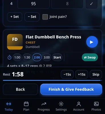 Rest timer bar showing 1:58 with minus 15 seconds, plus 15 seconds and Skip buttons