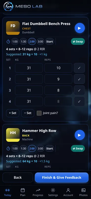 Flat Dumbbell Bench Press, 4 sets of 8 to 12 reps at 2 RIR, suggested 31 kg times 10, plus 1 kg