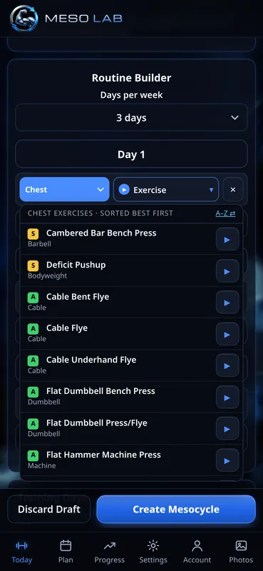 Routine Builder listing chest exercises sorted best first with S and A grade badges