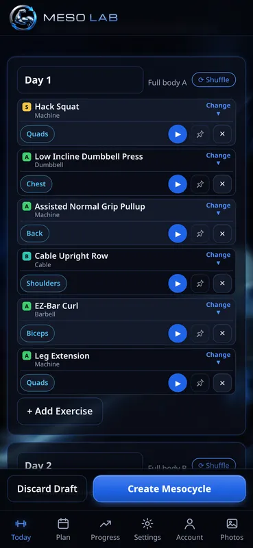 Meso builder showing Day 1 Full body A from a template, with Shuffle, Change, pin and remove controls on each exercise