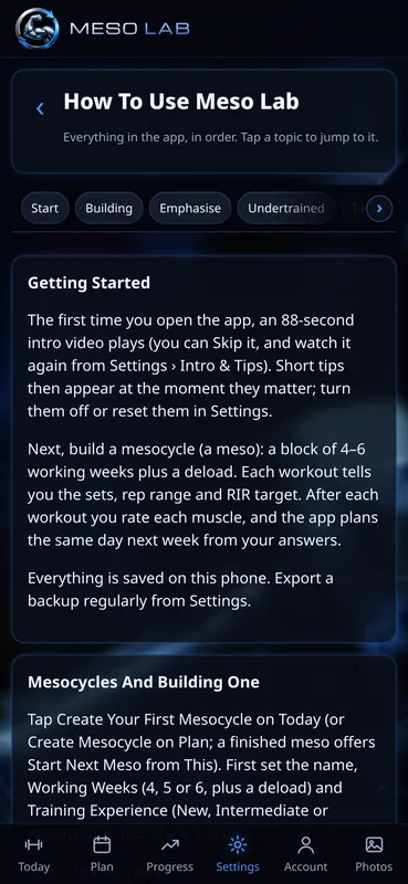 How To Use Meso Lab guide with Getting Started and Mesocycles And Building One sections