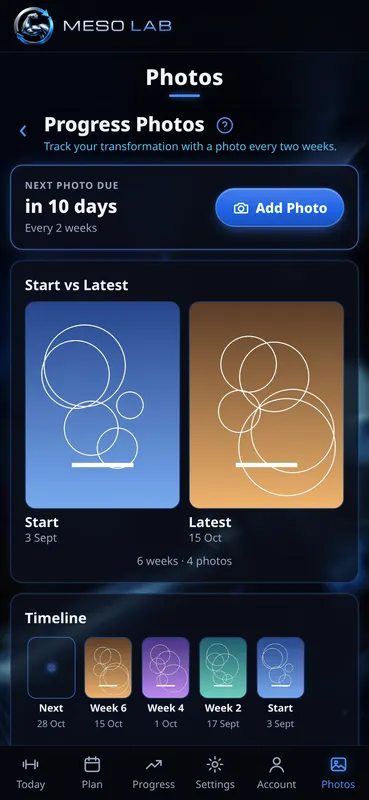 Progress Photos screen with next photo due in 10 days, Start vs Latest comparison and a timeline