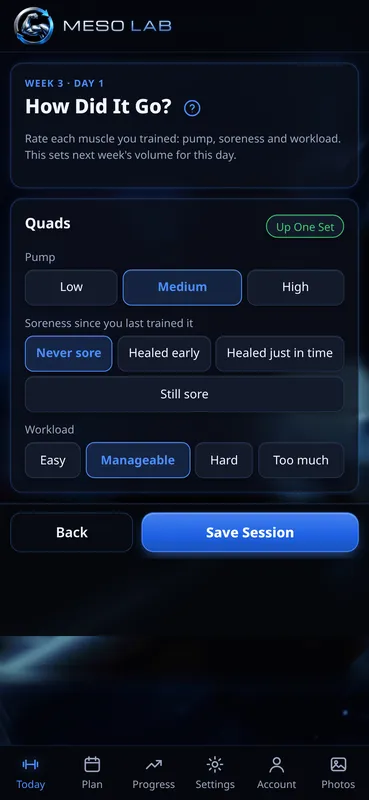 How Did It Go? screen rating Quads for pump, soreness and workload, with an Up One Set badge
